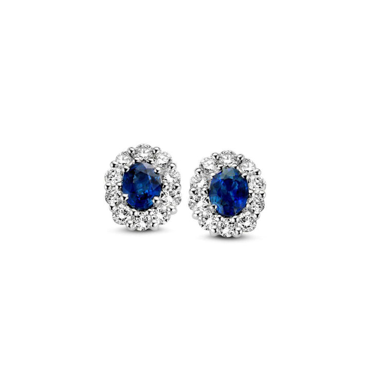 Saffier en Diamant Oorstekers in 14K Wit Goud – Luxe Entourage