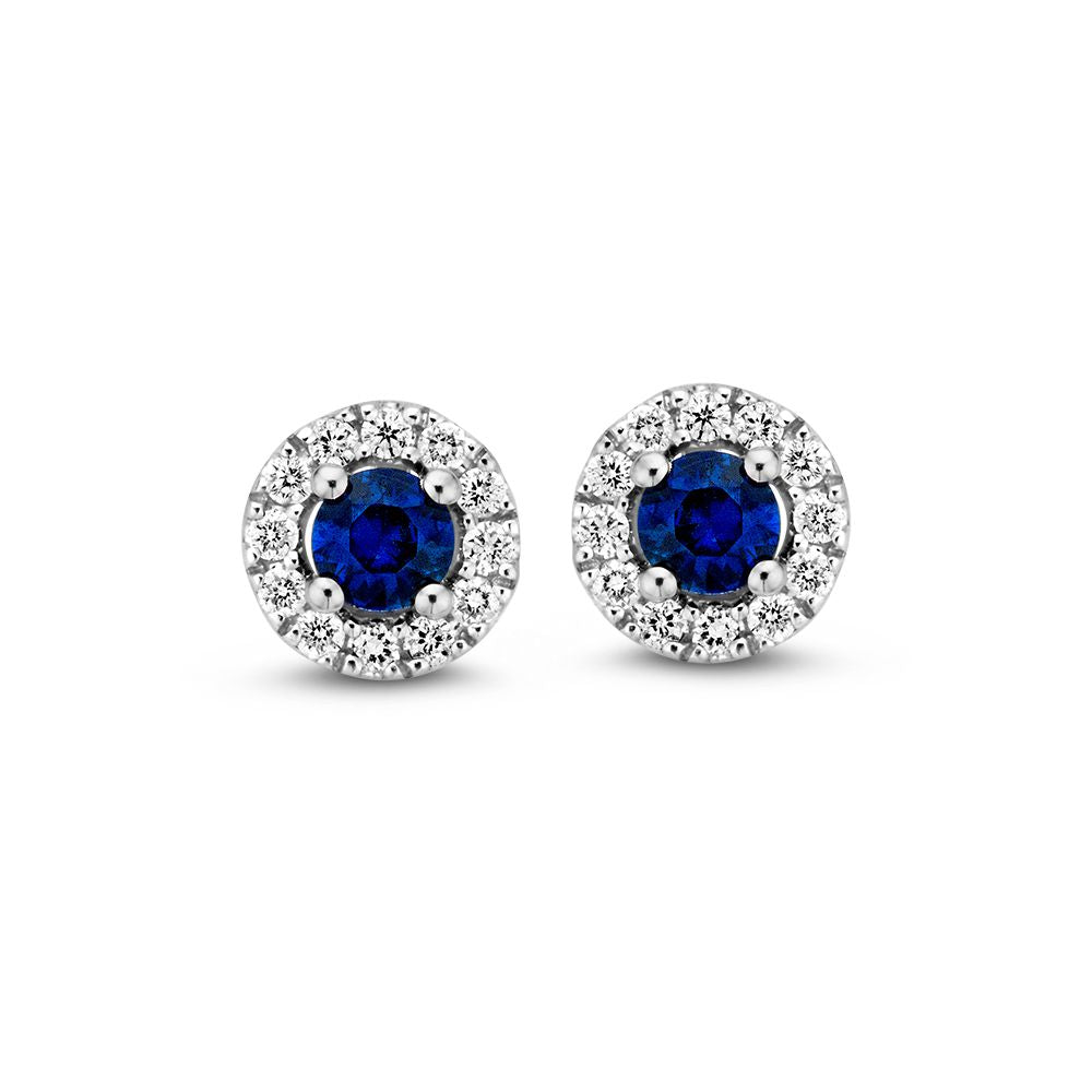 Pendientes de oro blanco con zafiro y diamantes, con corte brillante y diseño redondo.