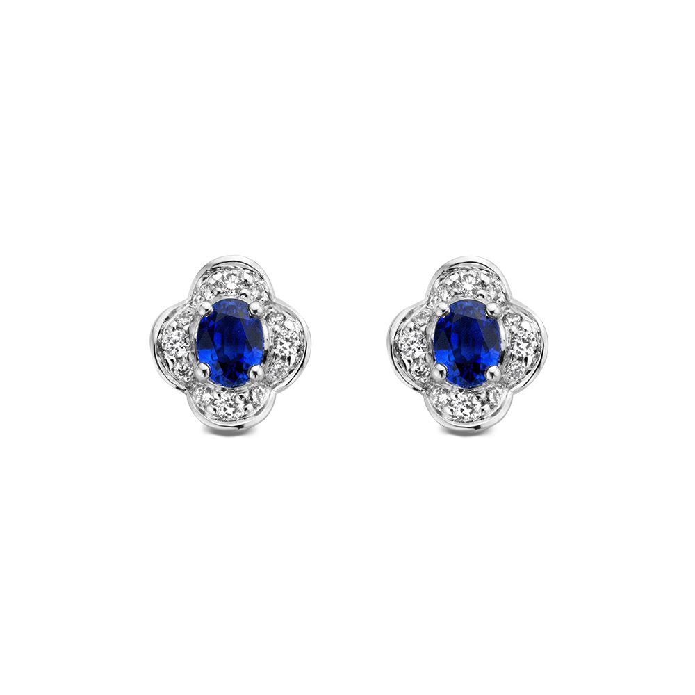 Pendientes de oro de 14 quilates con zafiro azul y diamantes, en forma de flor.