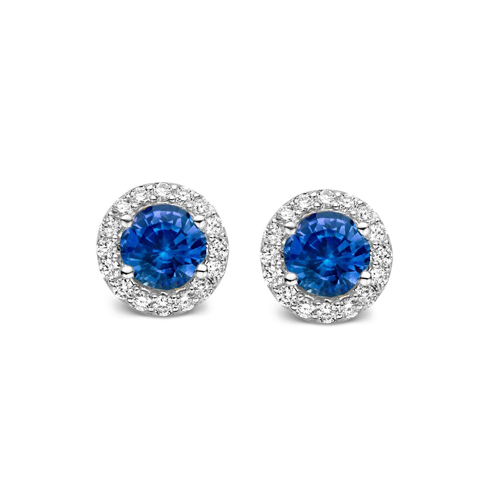 Pendientes de oro blanco de 18 quilates con zafiros azules y diamantes, diseño redondo.