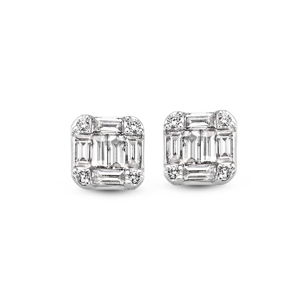 Pendientes de oro blanco con diamantes baguette, 0.68 crt, diseño cuadrado.