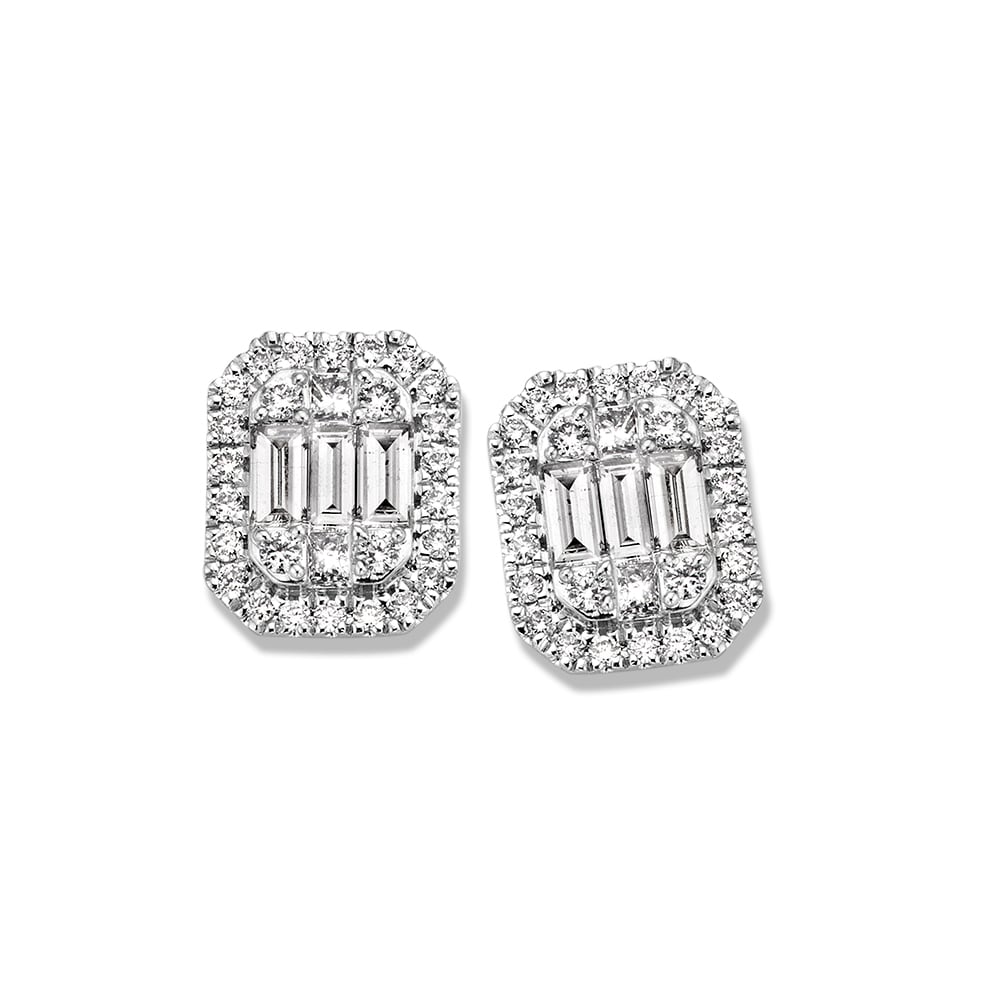 Pendientes de oro blanco con diamantes baguette, diseño cuadrado y brillante, 0.80 crt.