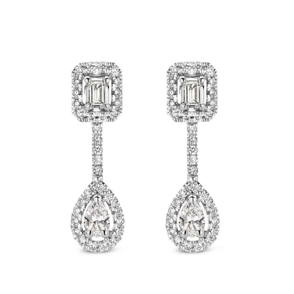 Pendientes largos de oro blanco con diamantes de 1,04 quilates, con formas baguette, esmeralda y pera.