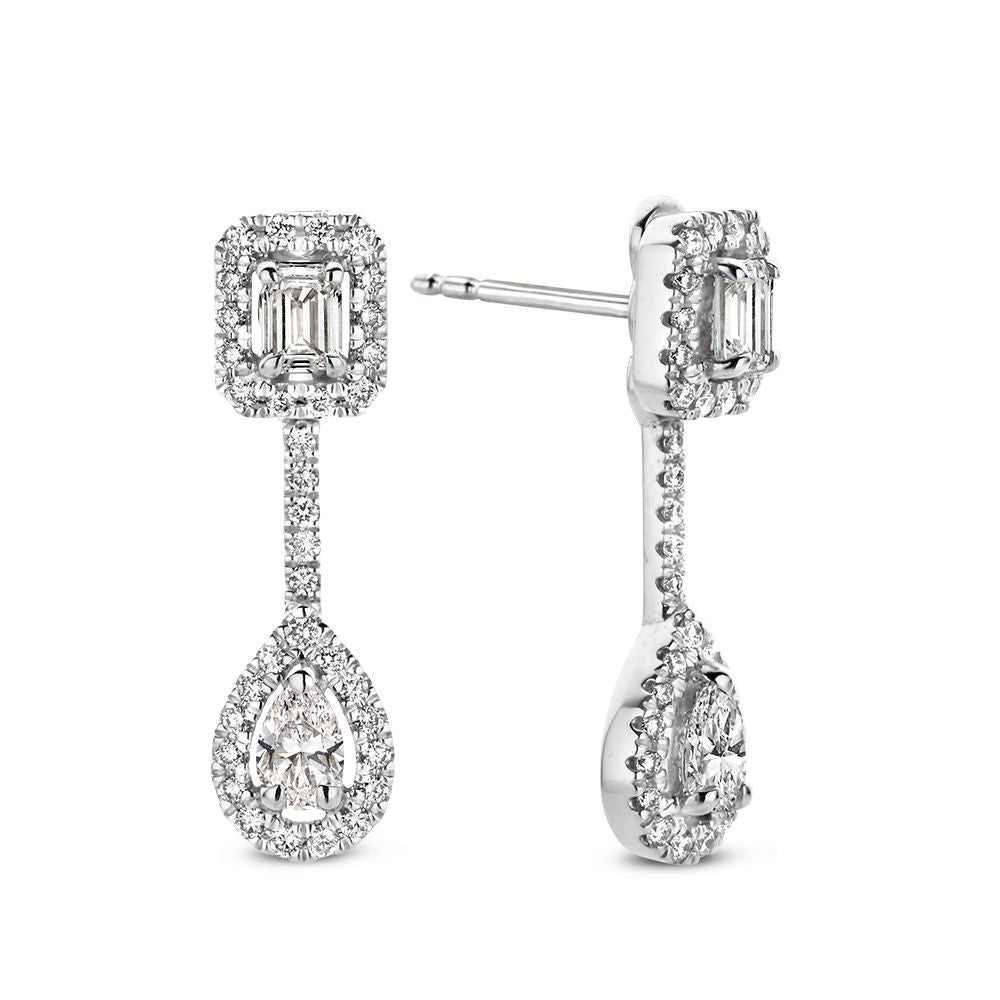 Aros de oro blanco con diamantes – 1,04 quilates – diamantes baguette, esmeralda y pera