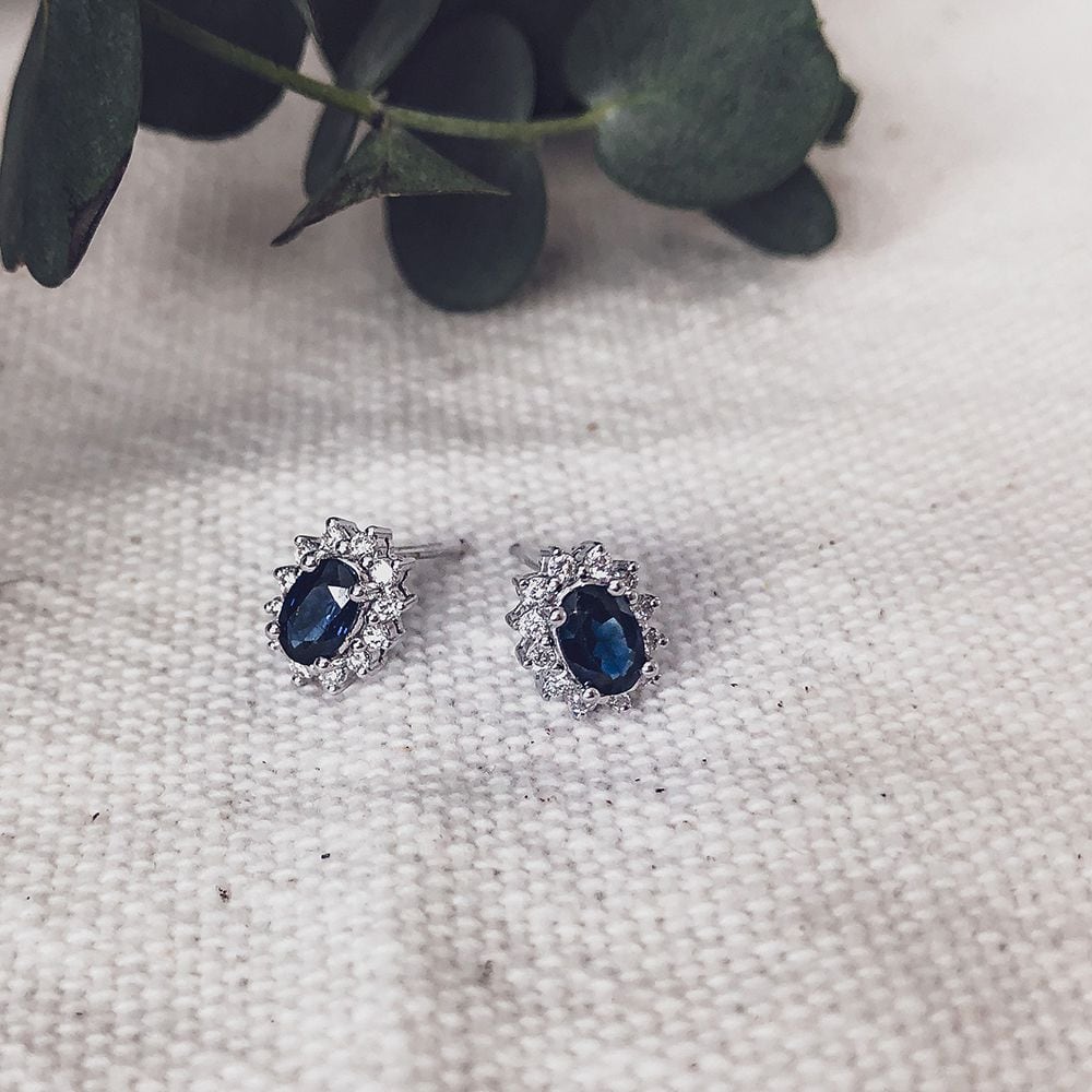 Aros de oro blanco con zafiro y brillante - Pendientes de 14K de mujer, 0.28 crt diamantes