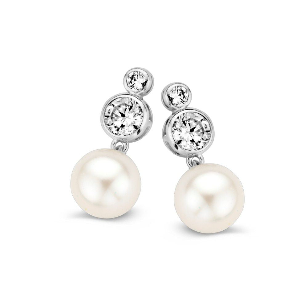 Pendientes de oro blanco con circonitas y perlas, de 17 mm, con diseño de dos esferas.