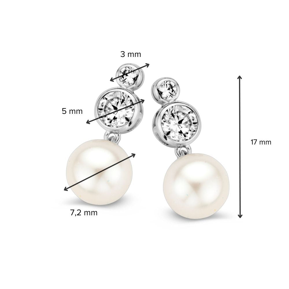 Pendientes de oro blanco con circonitas y perla – Pendientes de 14K de mujer, 17 mm, Set con pusetas