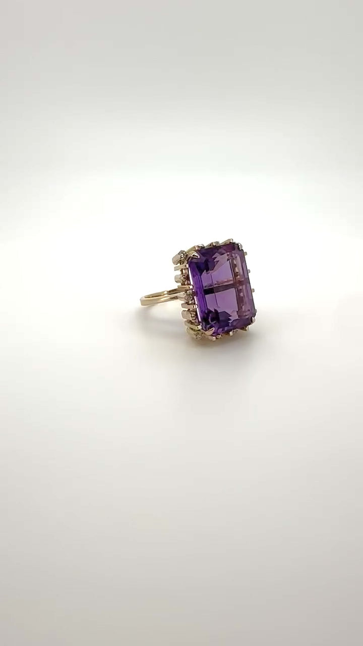 anillo vintage de oro con amatista y diamante 14k 10.7gr
