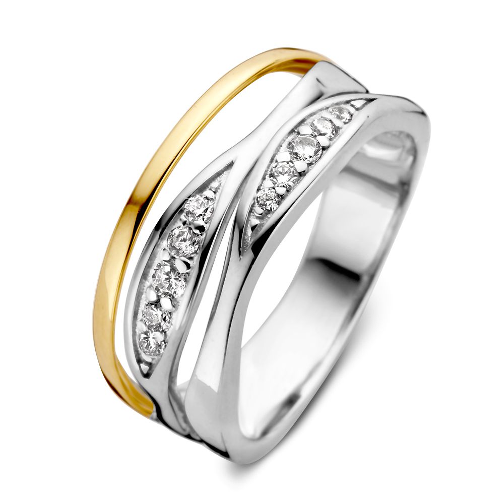 Anillo de plata rodiada con detalles en oro amarillo de 14 quilates y circonitas, diseño elegante y refinado.
