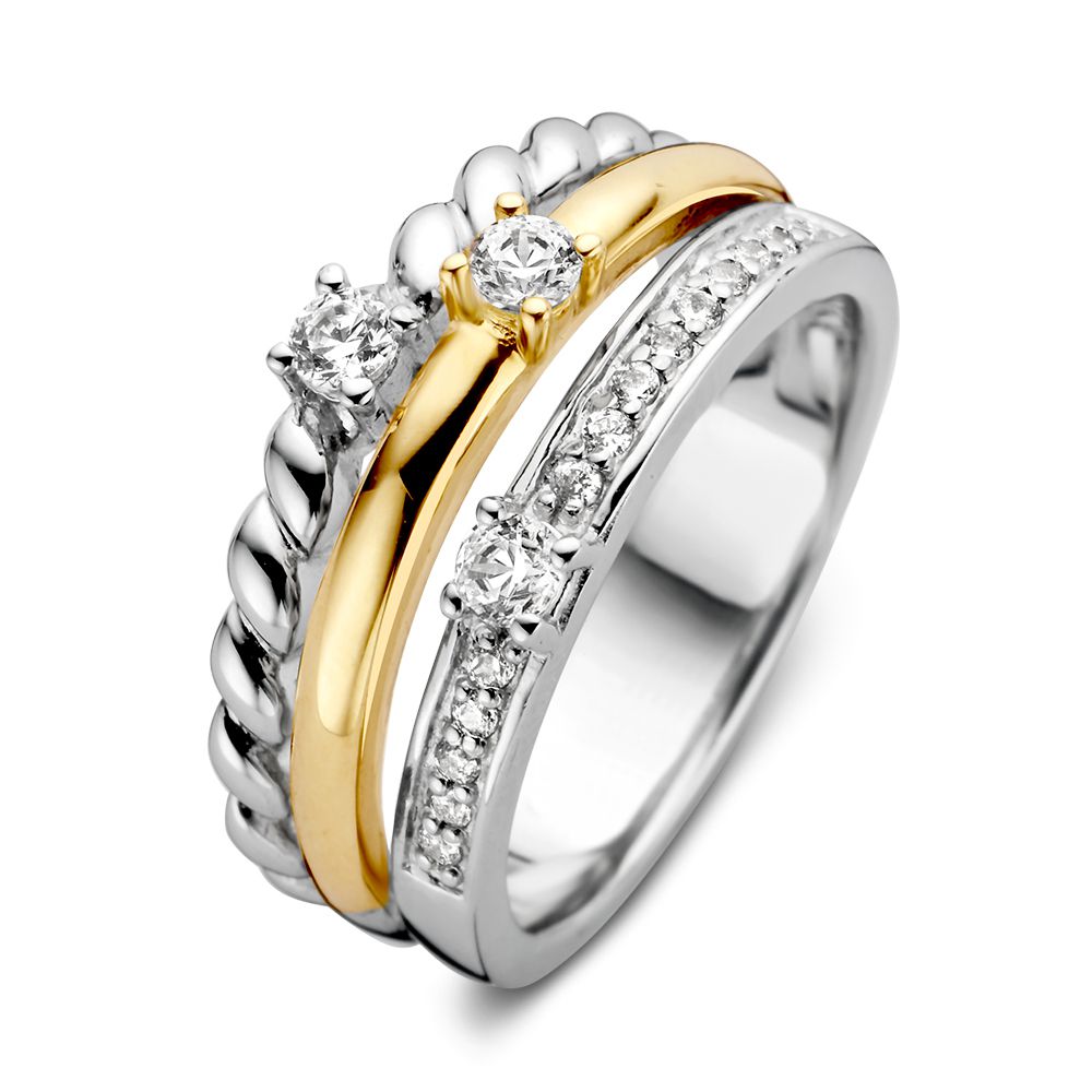 Anillo de plata y oro amarillo de 14 quilates para damas con circonitas brillantes.