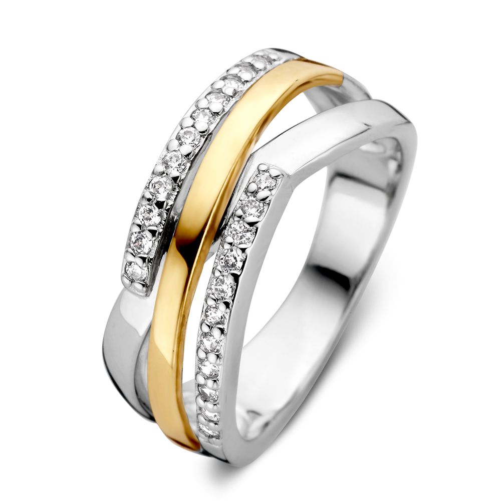 Anillo de dama de plata rodiada con banda de oro amarillo de 14 quilates y circonitas.