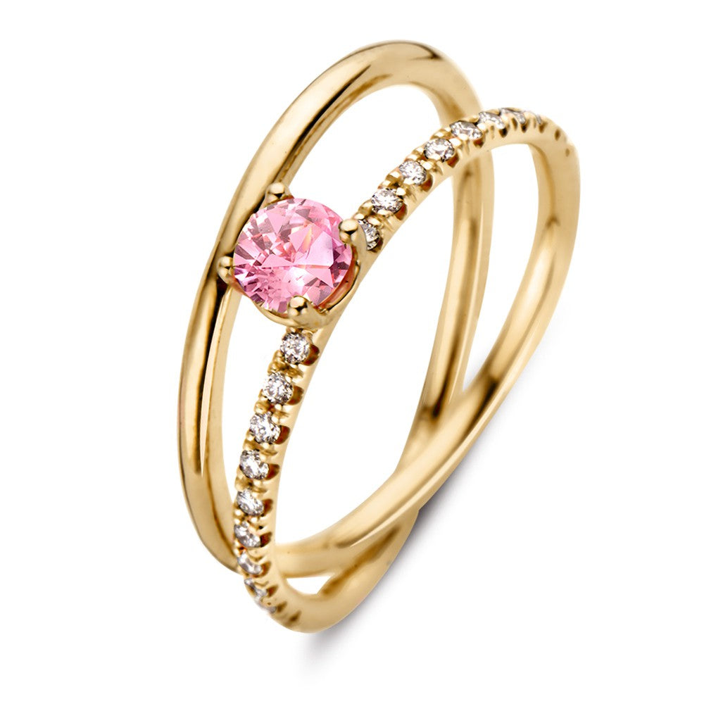 Anillo de oro amarillo de 18 quilates con zafiro rosa y diamantes, diseño entrelazado.