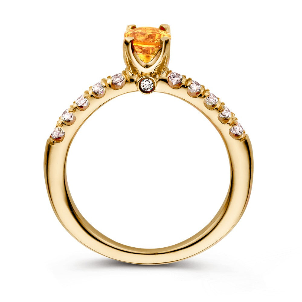 Anillo de lujo en oro amarillo de 18K con zafiro naranja y diamantes – 0.54 crt de diamantes, joya de mujer