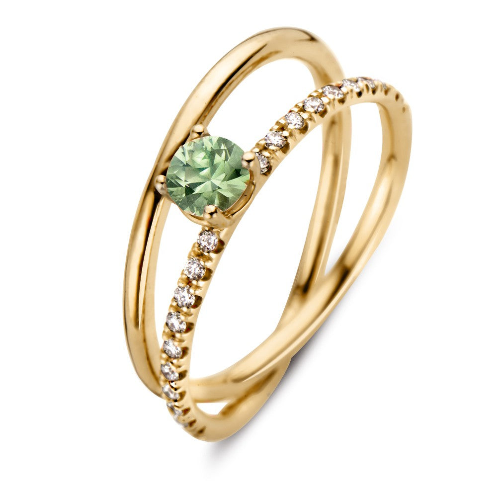 Anillo de oro rosado de 18 quilates con zafiro verde y diamantes, diseño delicado y brillante.