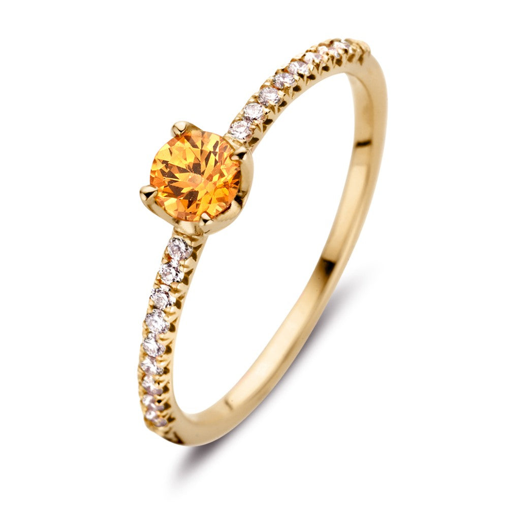 Anillo de oro amarillo de 18 quilates con zafiro naranja y diamantes de 0.15 ct.