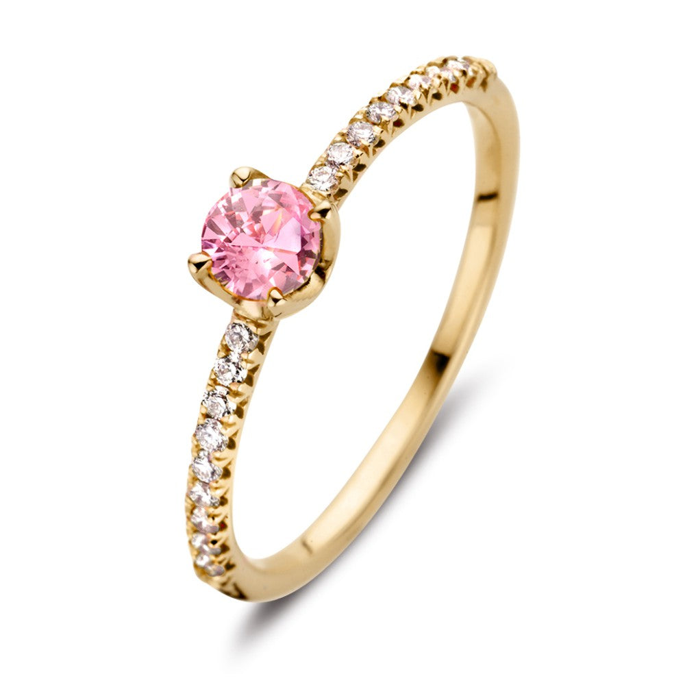 Anillo de oro amarillo de 18 quilates con zafiro rosa y diamantes de 0.15 ct.