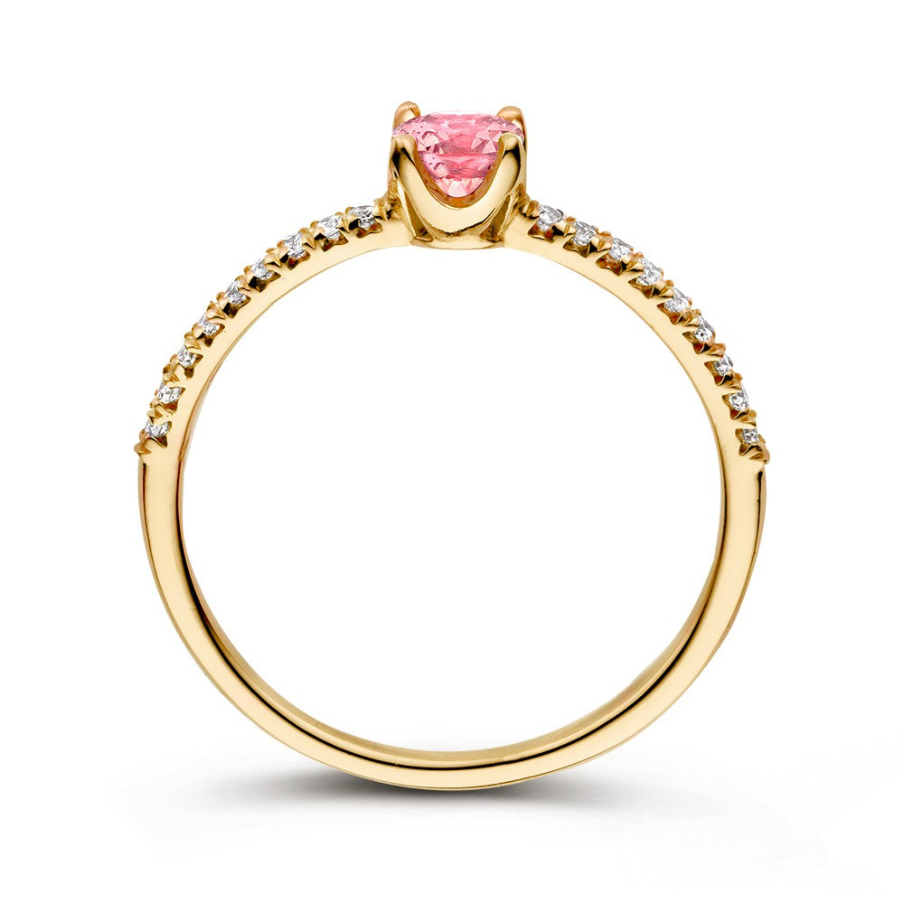 Anillo de oro amarillo de 18 quilates con zafiro rosa y 0.15ct de diamantes - Elegante