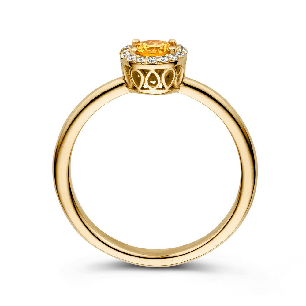 Anillo de lujo en oro amarillo de 18 quilates con zafiro naranja y diamantes de 0.11ct