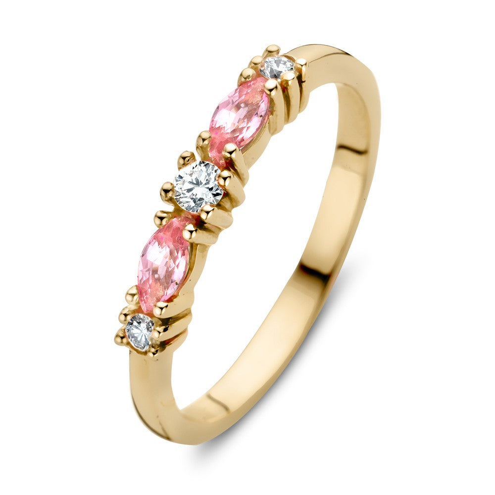 Anillo de oro amarillo de 18 quilates con tres diamantes y dos zafiros rosa en corte marquise.