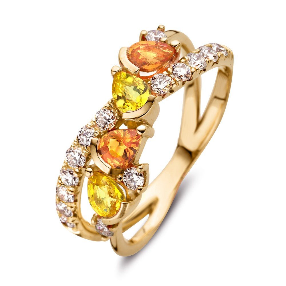 Anillo de oro amarillo de 18 quilates con zafiros naranjas y amarillos y diamantes.