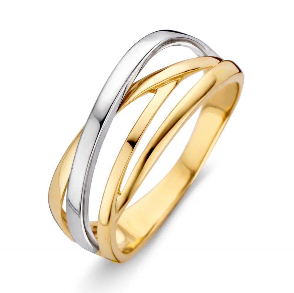 Anillo bicolor con bandas entrelazadas en oro amarillo y blanco.