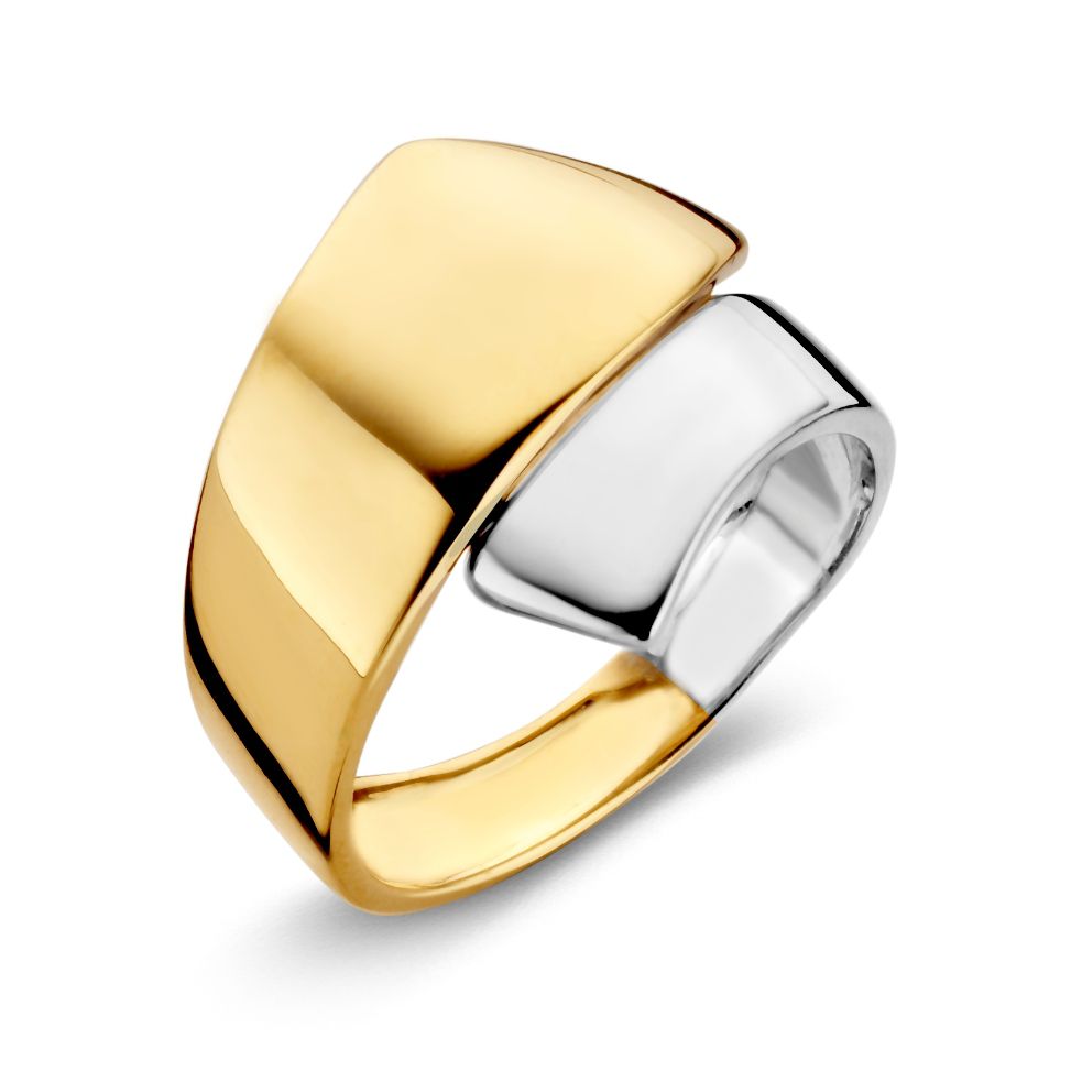 Anillo bicolor de 14 quilates para dama, con acabado brillante en oro amarillo y blanco.