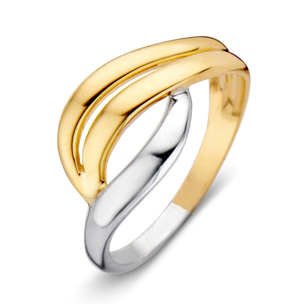 Anillo bicolor de 14 quilates para dama en oro amarillo y blanco con diseño entrelazado.