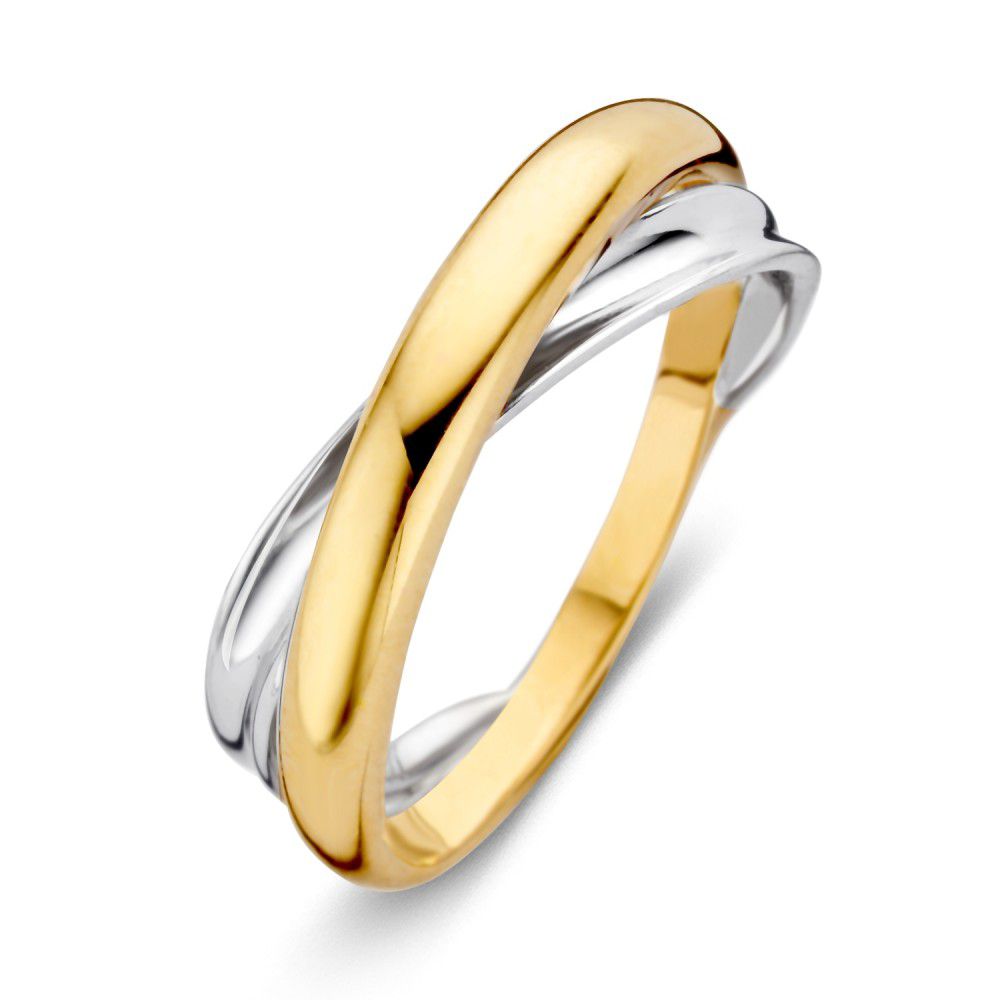 Anillo bicolor de 14 quilates para dama, con diseño entrelazado en oro amarillo y blanco.