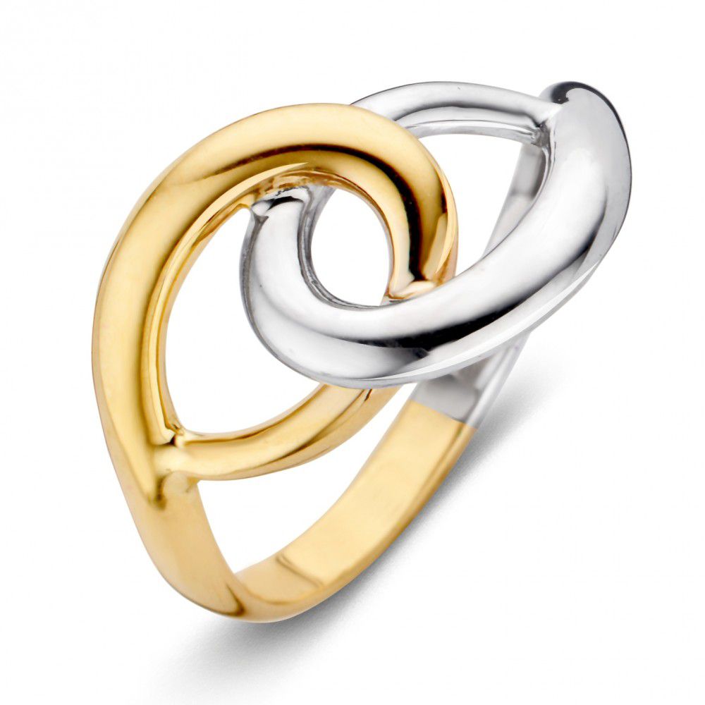 Anillo bicolor de 14 quilates con diseño entrelazado en oro amarillo y plata.