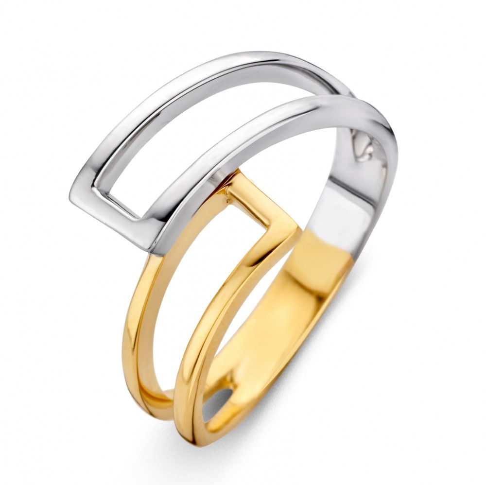 Anillo de oro de 14 quilates para damas, con diseño en oro amarillo y blanco, acabado pulido.