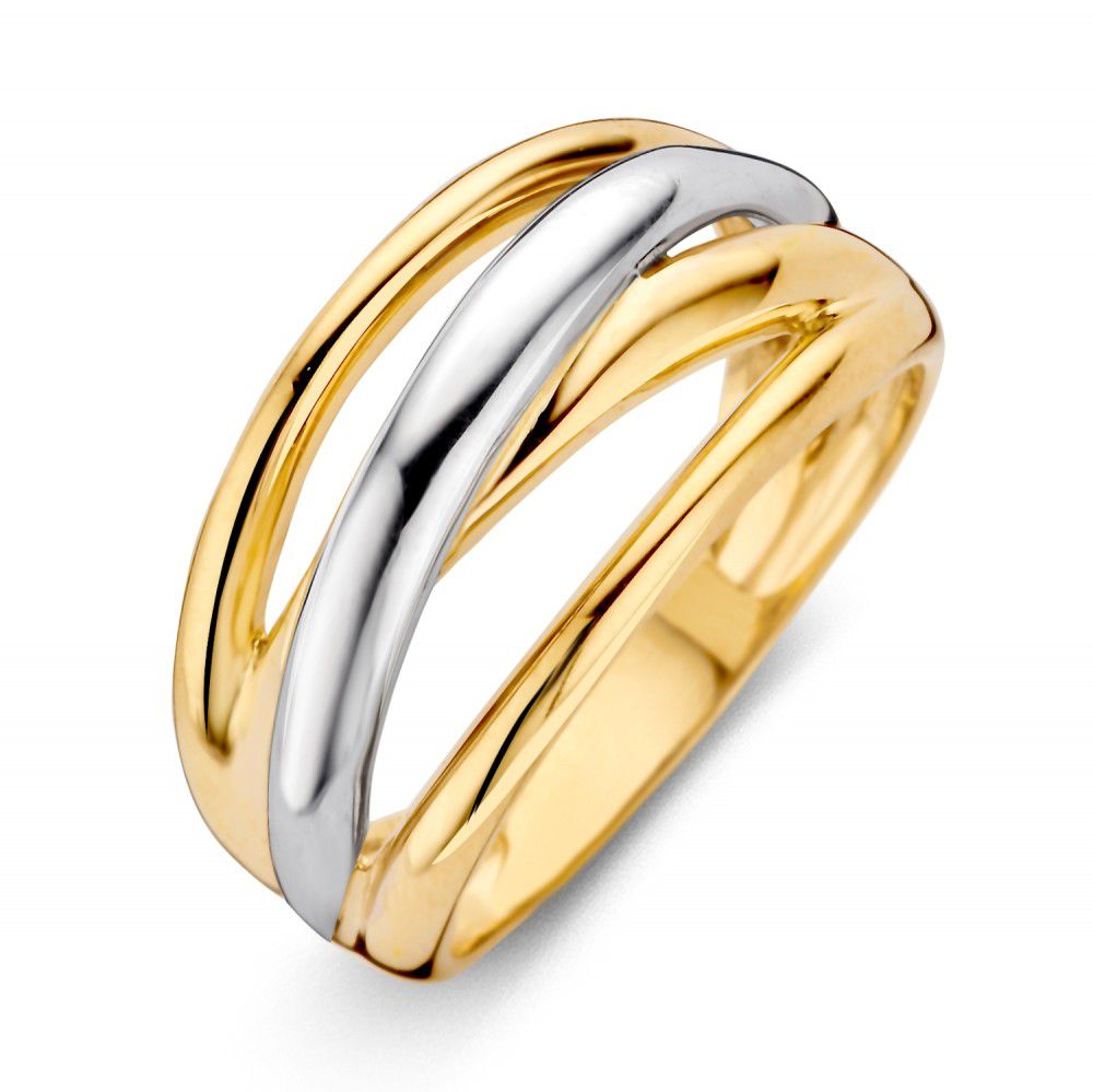 Anillo de oro de 14 quilates para damas, con diseño entrelazado en oro amarillo y blanco.