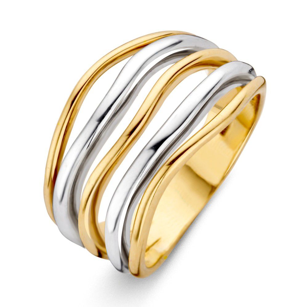 Anillo de 14 quilates en oro amarillo y blanco con diseño ondulado de múltiples bandas.