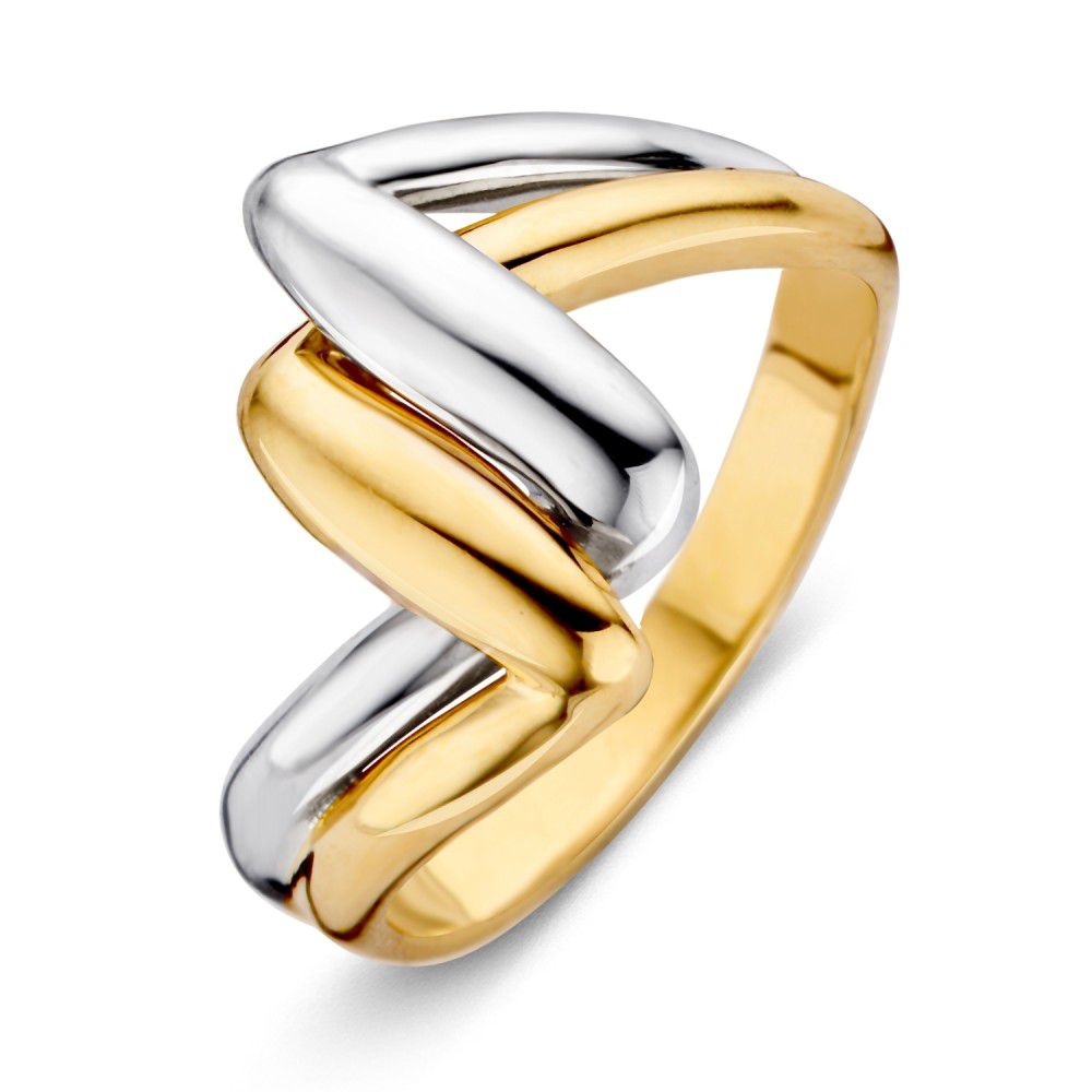 Anillo bicolor con diseño entrelazado en plata y oro.