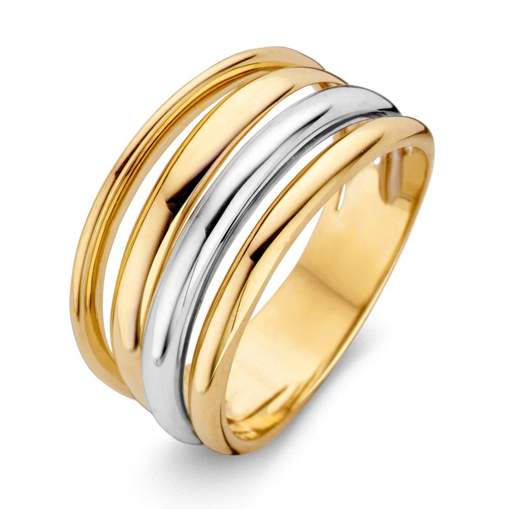 Anillo de oro amarillo y blanco de 14 quilates, con tres bandas brillantes y un ancho de 10,4 mm.