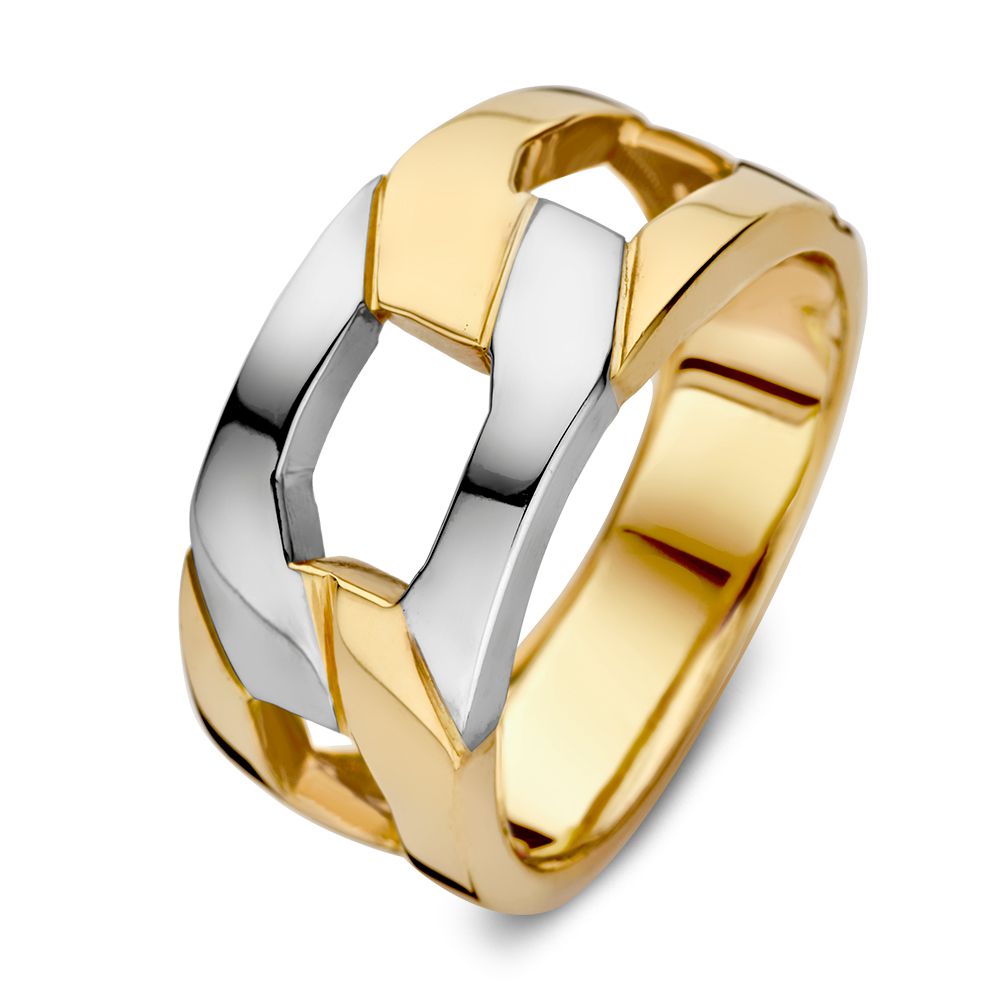 Anillo de declaración bicolor en oro amarillo y blanco con diseño único de eslabones.