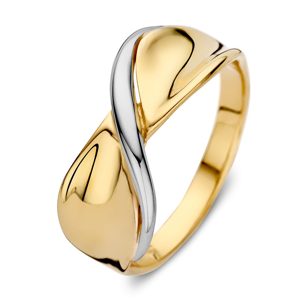Anillo bicolor de 14 quilates en oro amarillo y blanco con diseño elegante y moderno.