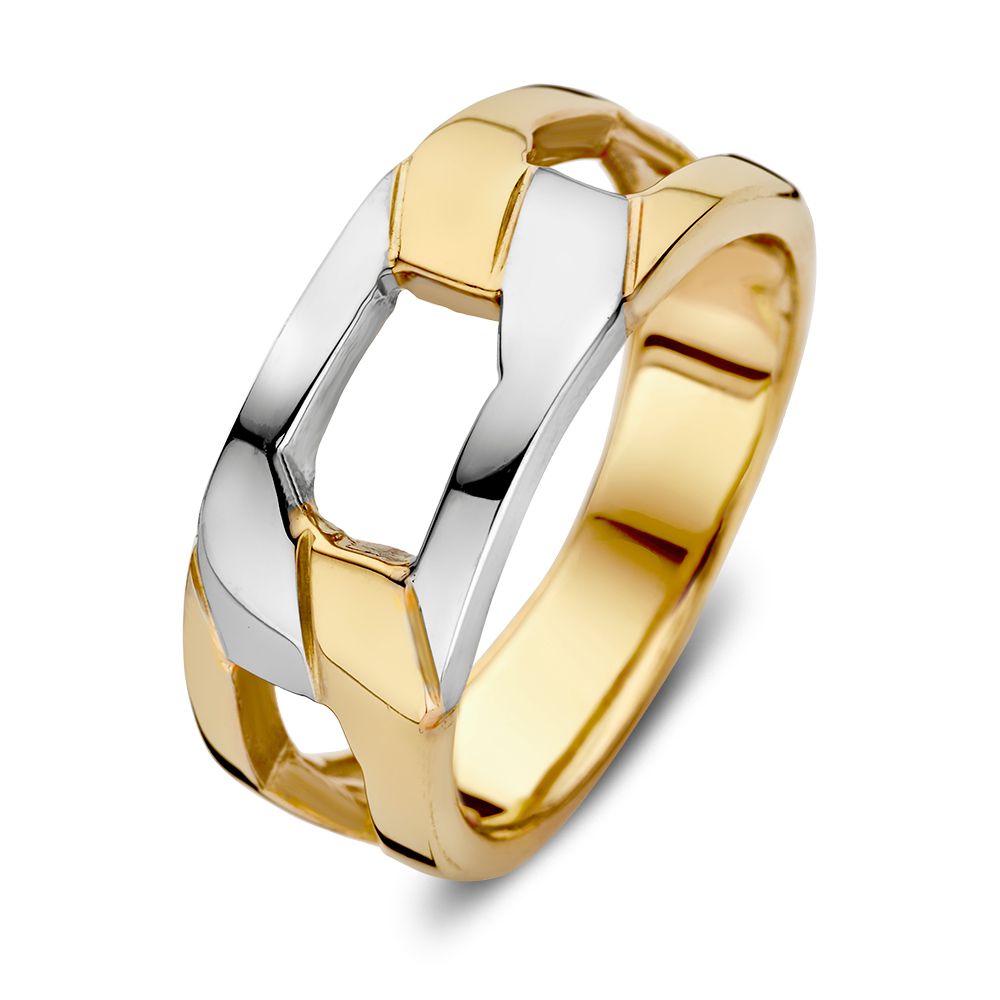 Anillo bicolor de 14 quilates para dama, con diseño entrelazado en oro amarillo y blanco.