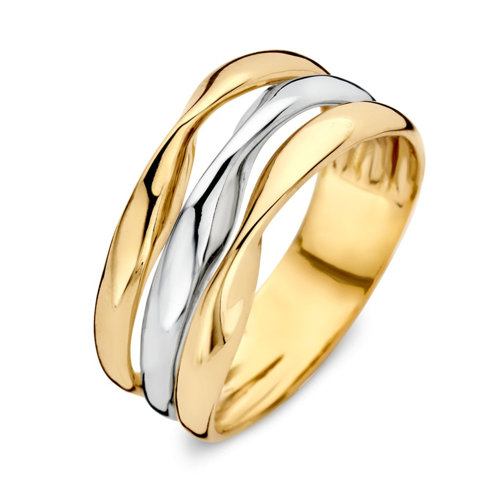 Anillo bicolor de 14 quilates en oro blanco y amarillo con diseño ondulado.