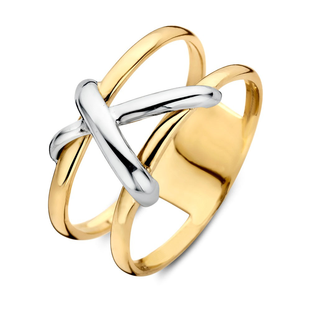 Anillo bicolor de 14 quilates en oro amarillo y blanco, con un diseño entrelazado y acabado pulido.
