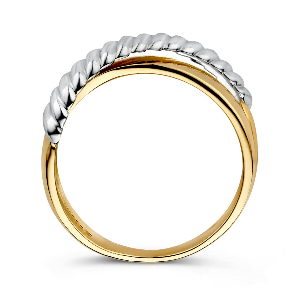 Anillo de crossover bicolor de 14 quilates en oro blanco y oro amarillo – diseño estriado