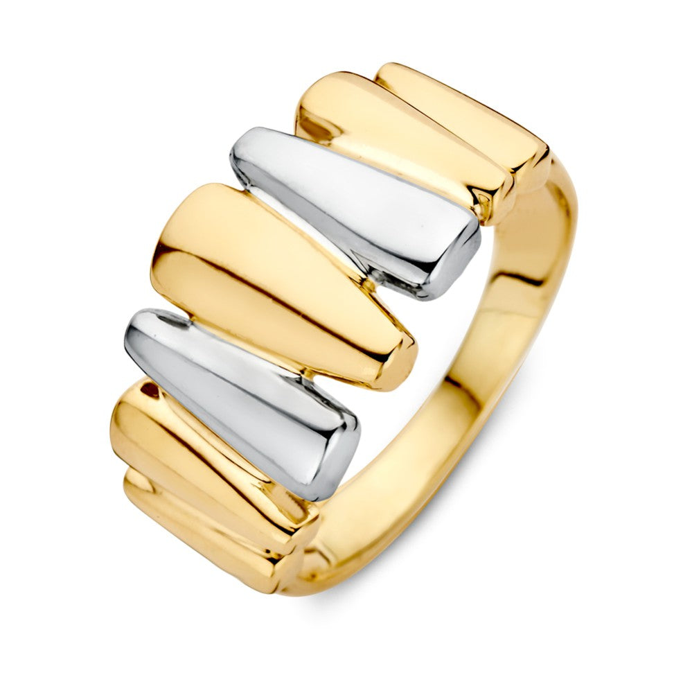 Anillo bicolor de 14 quilates en oro amarillo y blanco, con un diseño moderno y elegante.