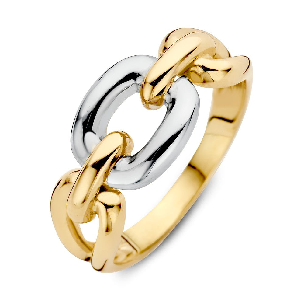 Anillo de eslabones bicolor en oro blanco y amarillo de 14 quilates.