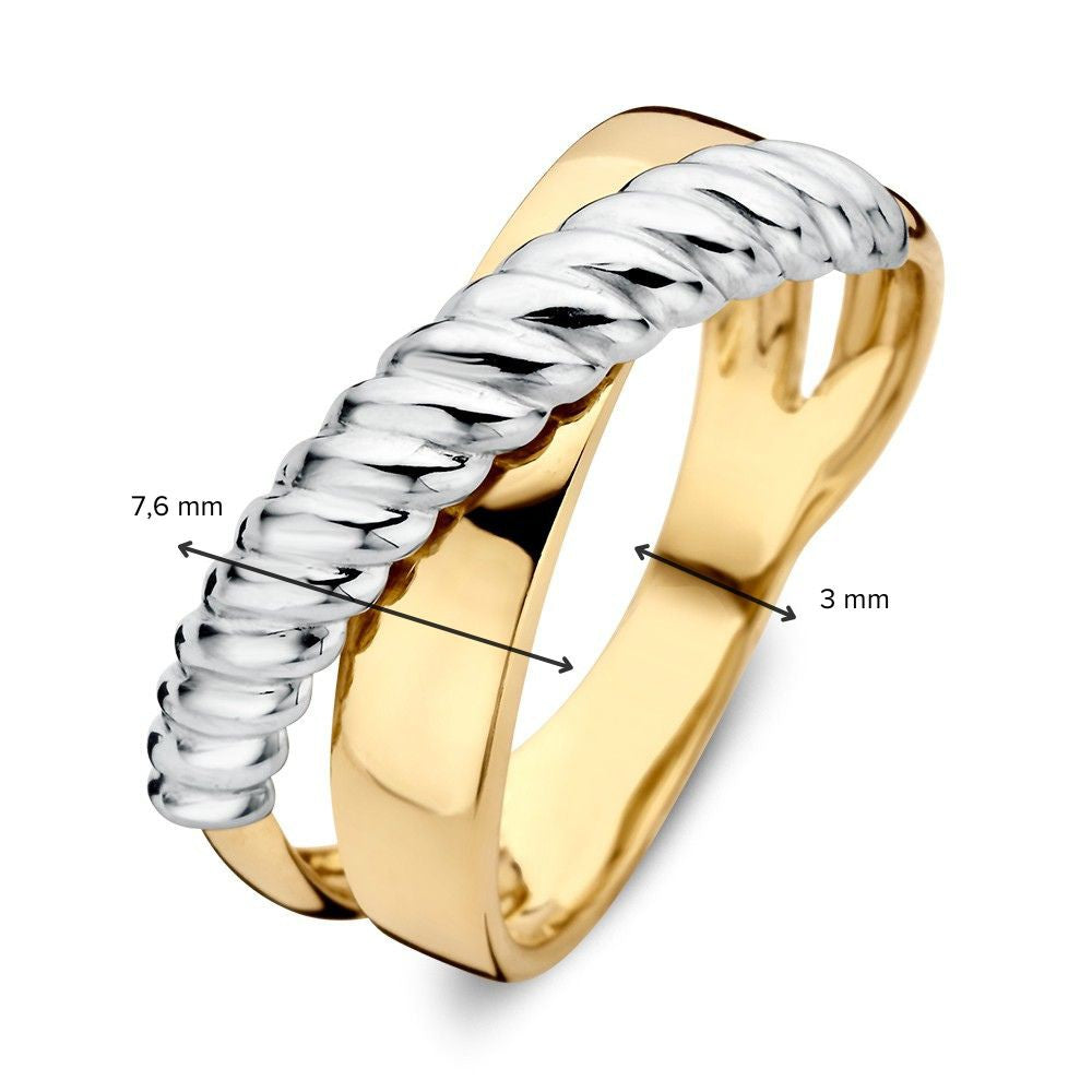 Anillo de crossover bicolor de 14 quilates en oro blanco y oro amarillo – diseño estriado