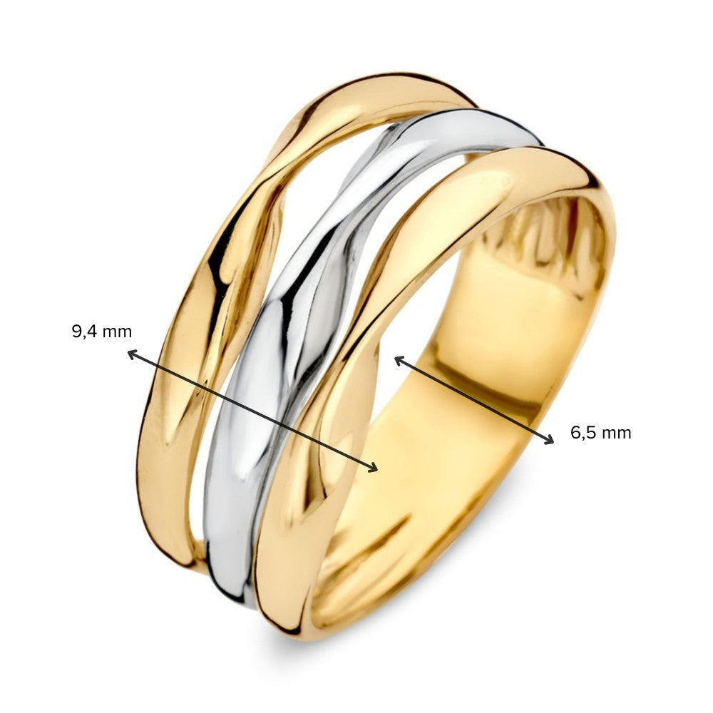 Anillo de mujer bicolor de 14 quilates en oro blanco y oro amarillo – diseño ondulado con aspecto lujoso
