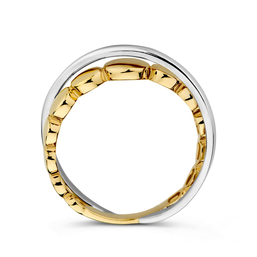 Anillo Bicolor de Oro Blanco y Oro Amarillo con Dos Bandas Cruzadas – Lujo de 14 Quilates para de Mujer