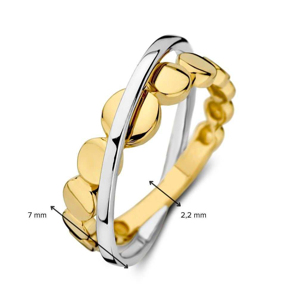 Anillo Bicolor de Oro Blanco y Oro Amarillo con Dos Bandas Cruzadas – Lujo de 14 Quilates para de Mujer