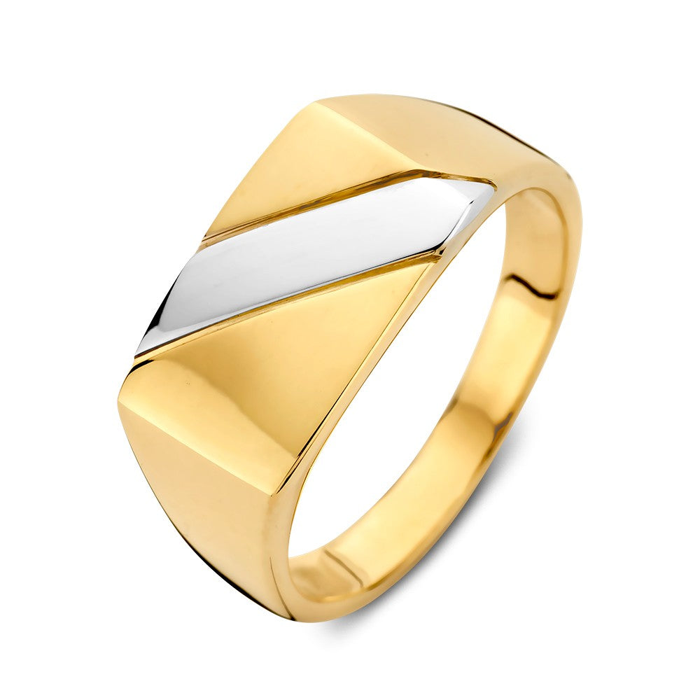 Anillo de caballero bicolor en oro amarillo y blanco con diseño moderno y acabado pulido.