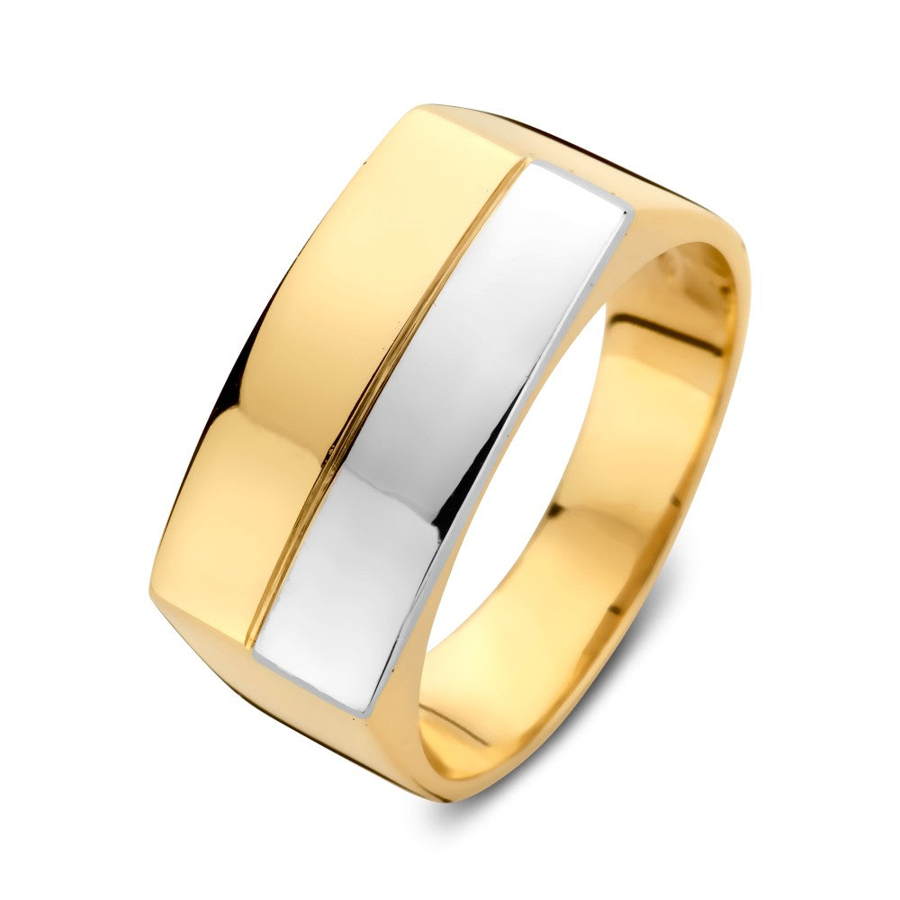 Anillo bicolor de oro blanco y amarillo con diseño elegante y robusto.