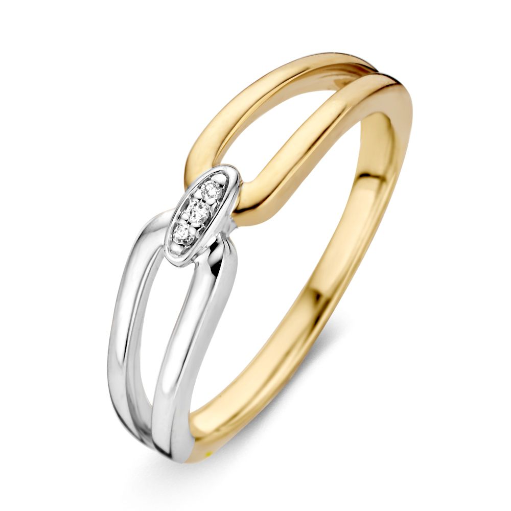 Anillo bicolor de 14 quilates para dama con diamante, con diseño elegante y moderno.