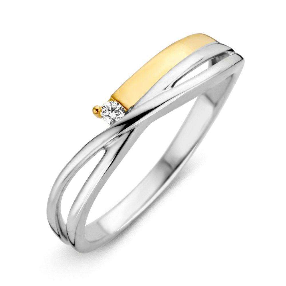 Anillo de dama bicolor de 14 quilates con diamante brillante, diseño ondulado en oro blanco y amarillo.
